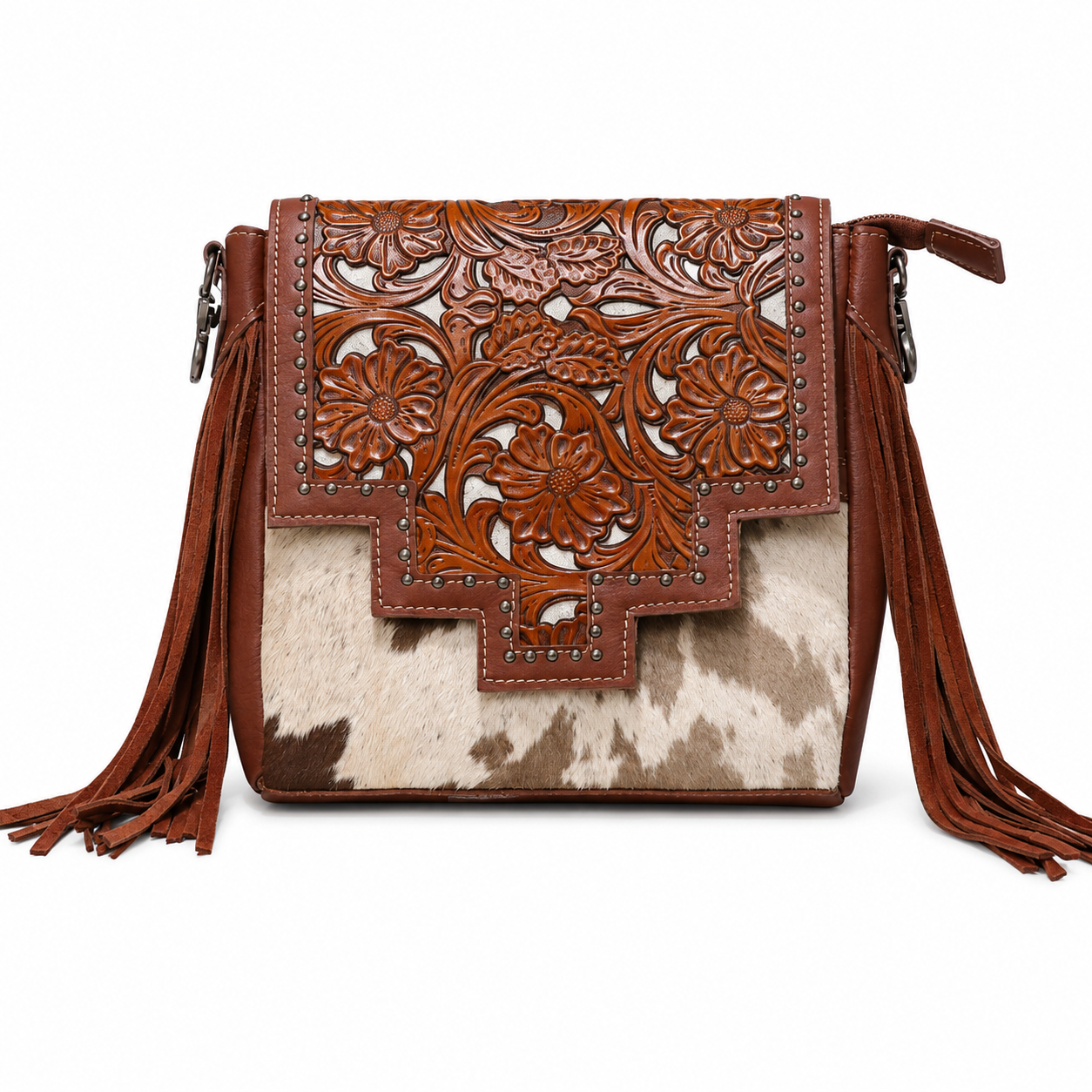 Bolso con cuerdas y piel de animal marrón